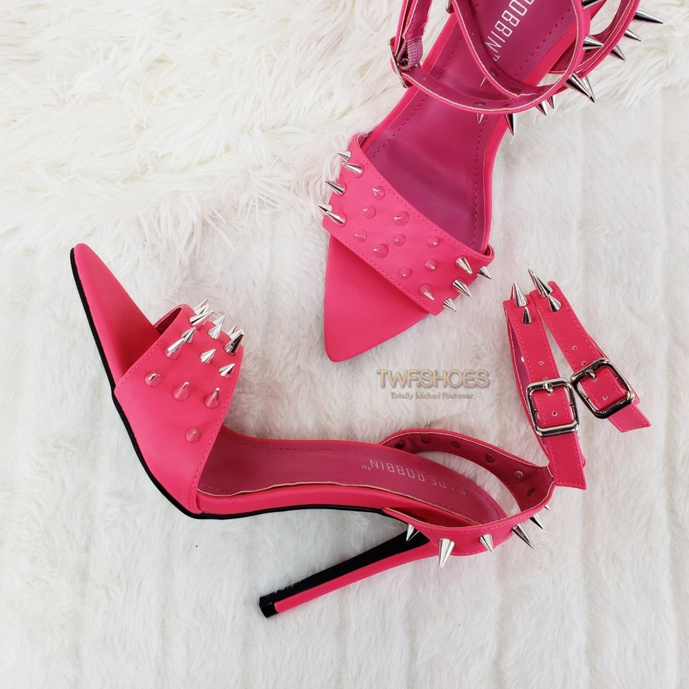 Hot Pink Spike Stud Double Strap High Heel Shoes - Picture 5 of 16